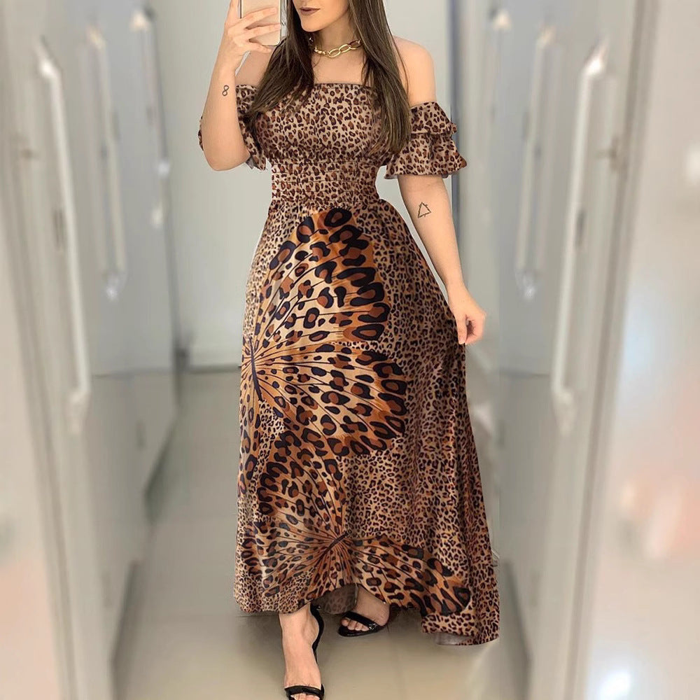 Wrapped Chest Butterfly Print Waist Large Swing Ruffle Dress