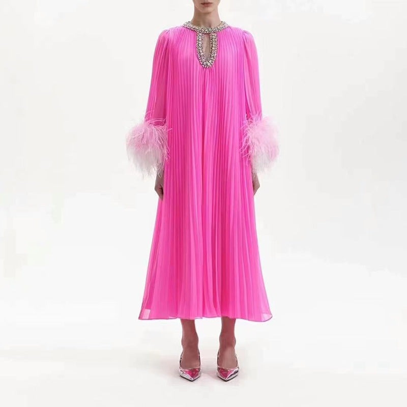 Women's Dress Round Neck Rhinestone Ostrich Fur Sleeve Stitching Pleated Dresses