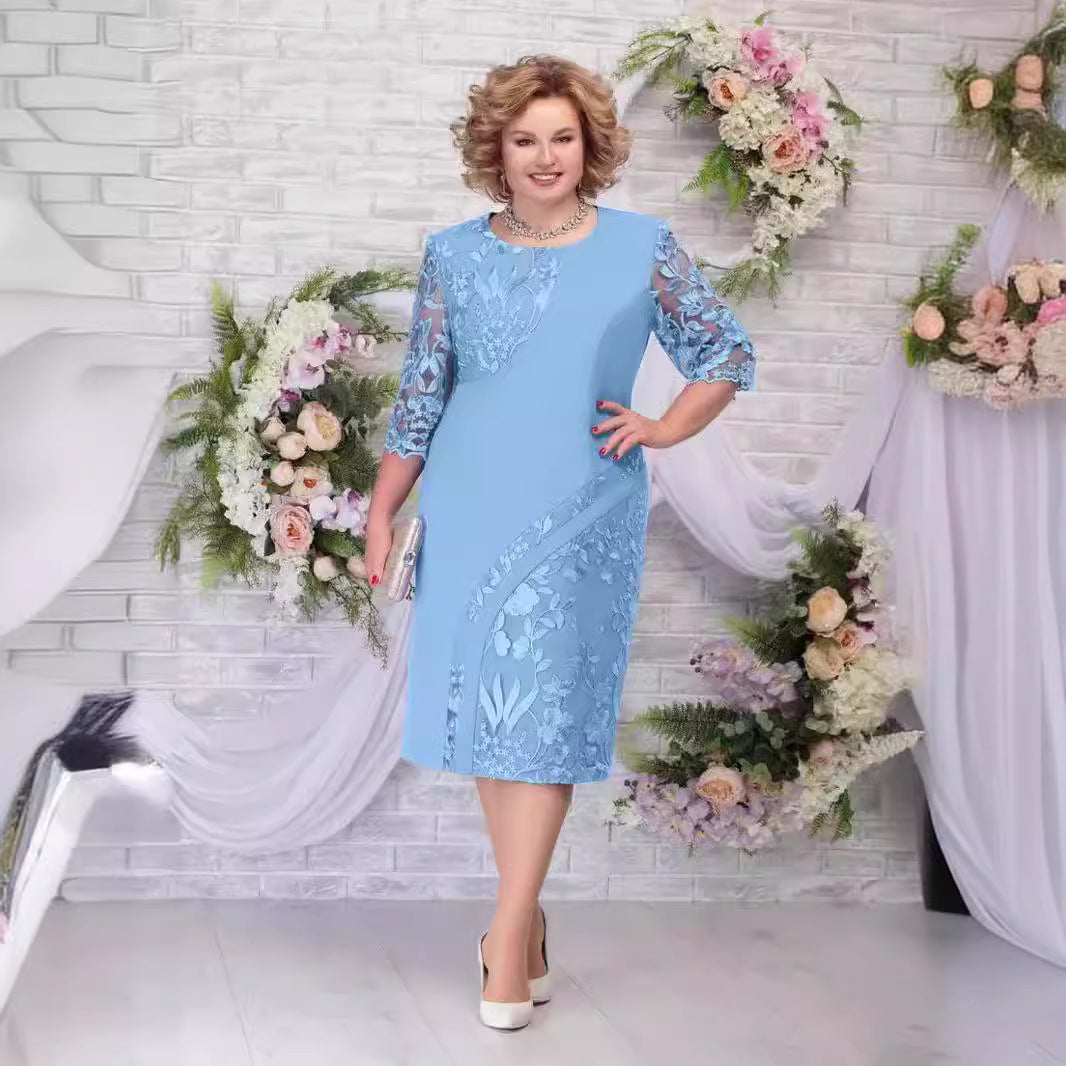 Women's Large Embroidered Dress Sleeve Round Neck Dresses