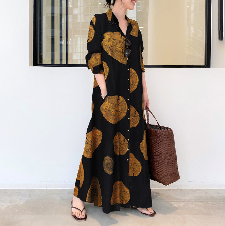 Muslim Cotton Linen Printing Lapel Long Sleeve Simple Dresses