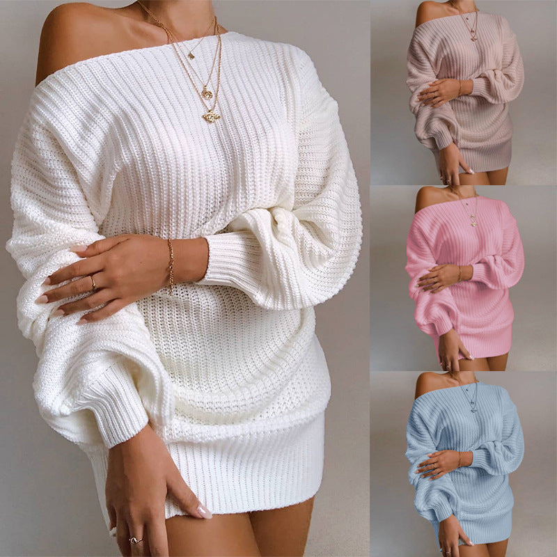 Creative Casual Lantern Sleeve Knitted Dress Sweater
