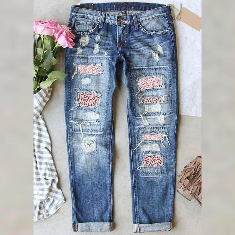 Pink Leopard Ripped Printed Casual Loose Jeans