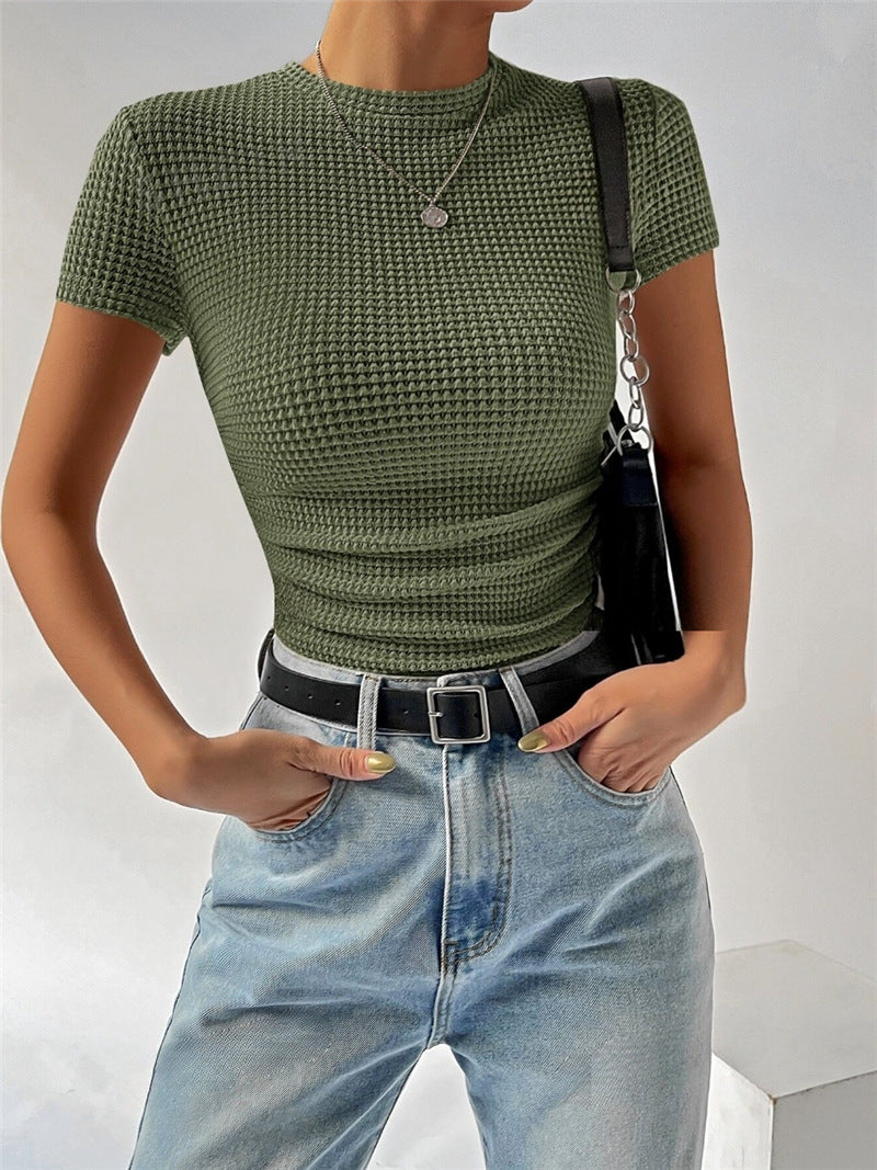 Slim Fit Versatile Pleating Round Neck Blouses