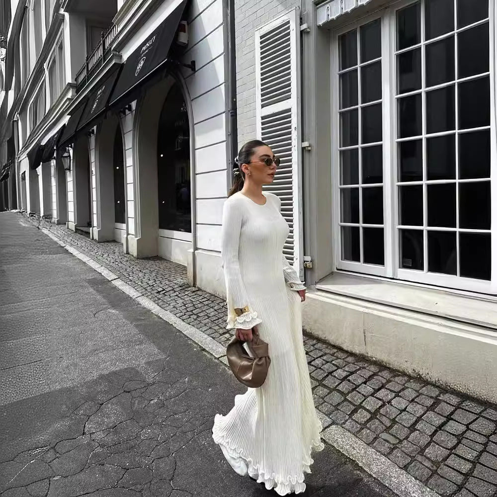 Women's Solid Color Round Neck Long Sleeve Slim Fit Stringy Dresses