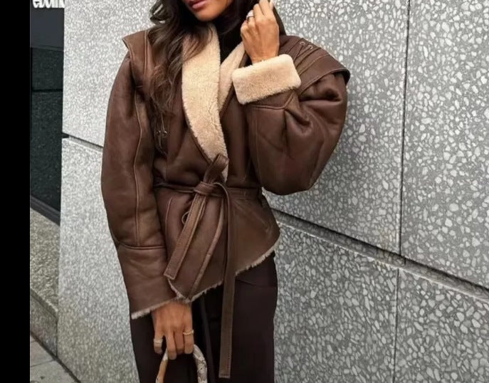 Women's Suede Warm Fur Brown Sweet Fresh Coats
