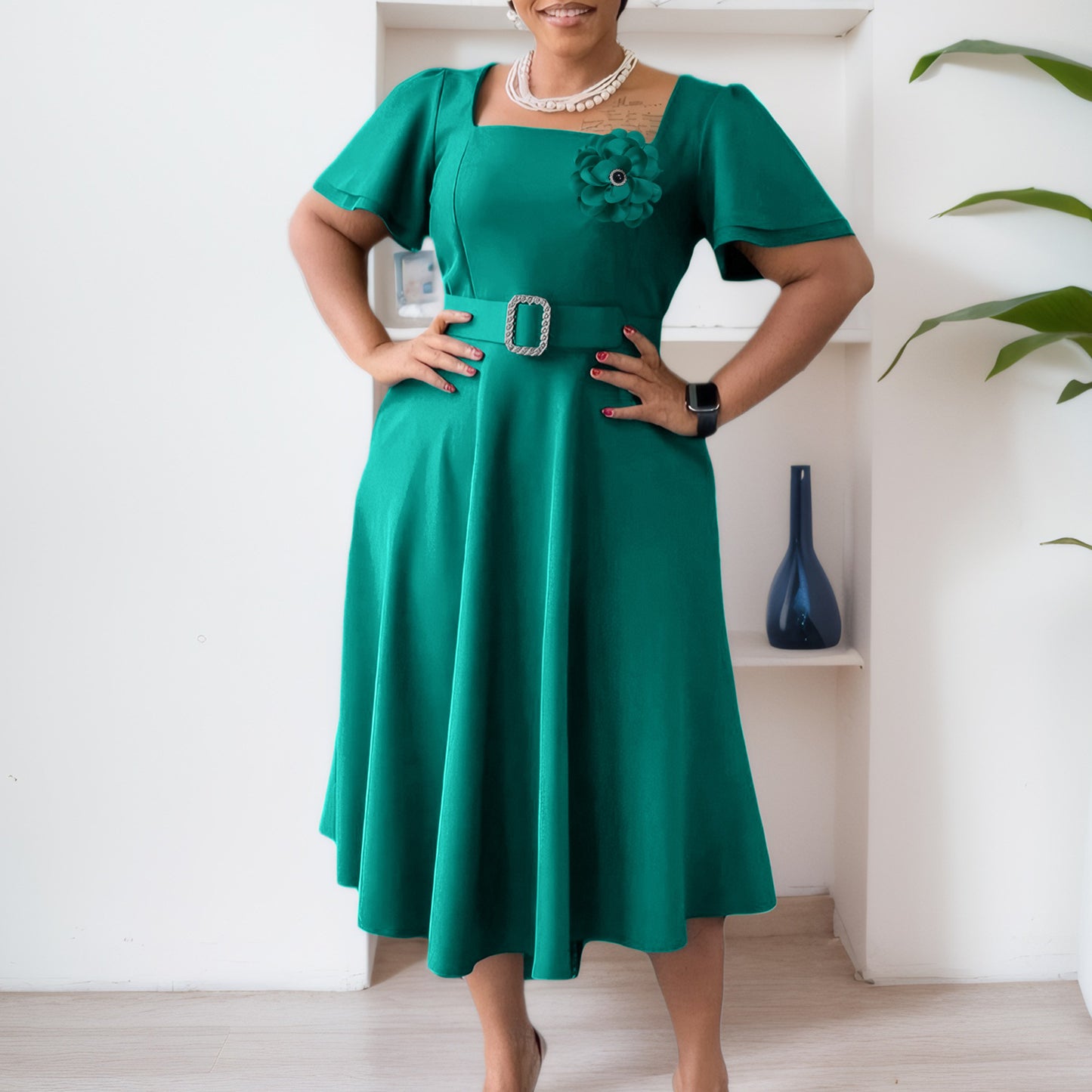 Women's Female Fashion Square Collar Solid Color Dresses