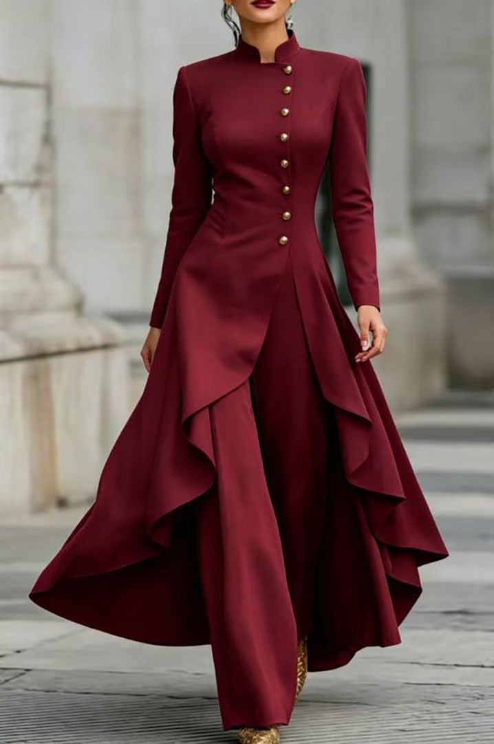 Style Turtleneck Fake Button Solid Color Elegant Fashion Casual Suit