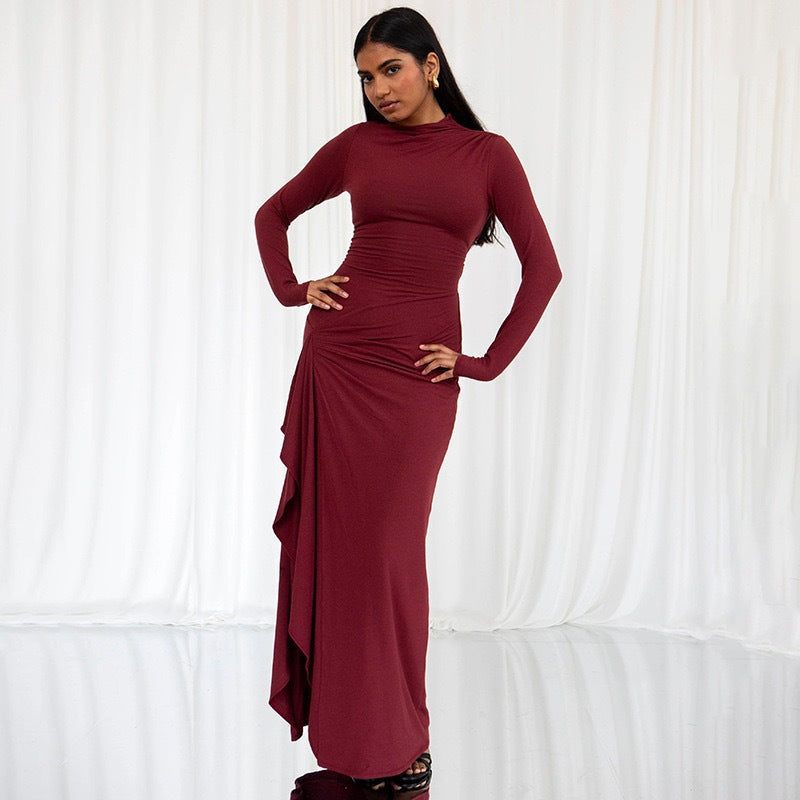 Fashion Design Solid Color Round Neck Irregular Dress