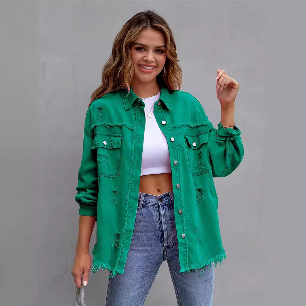 Women's Solid Color Loose Ripped Long Sleeves Jackets