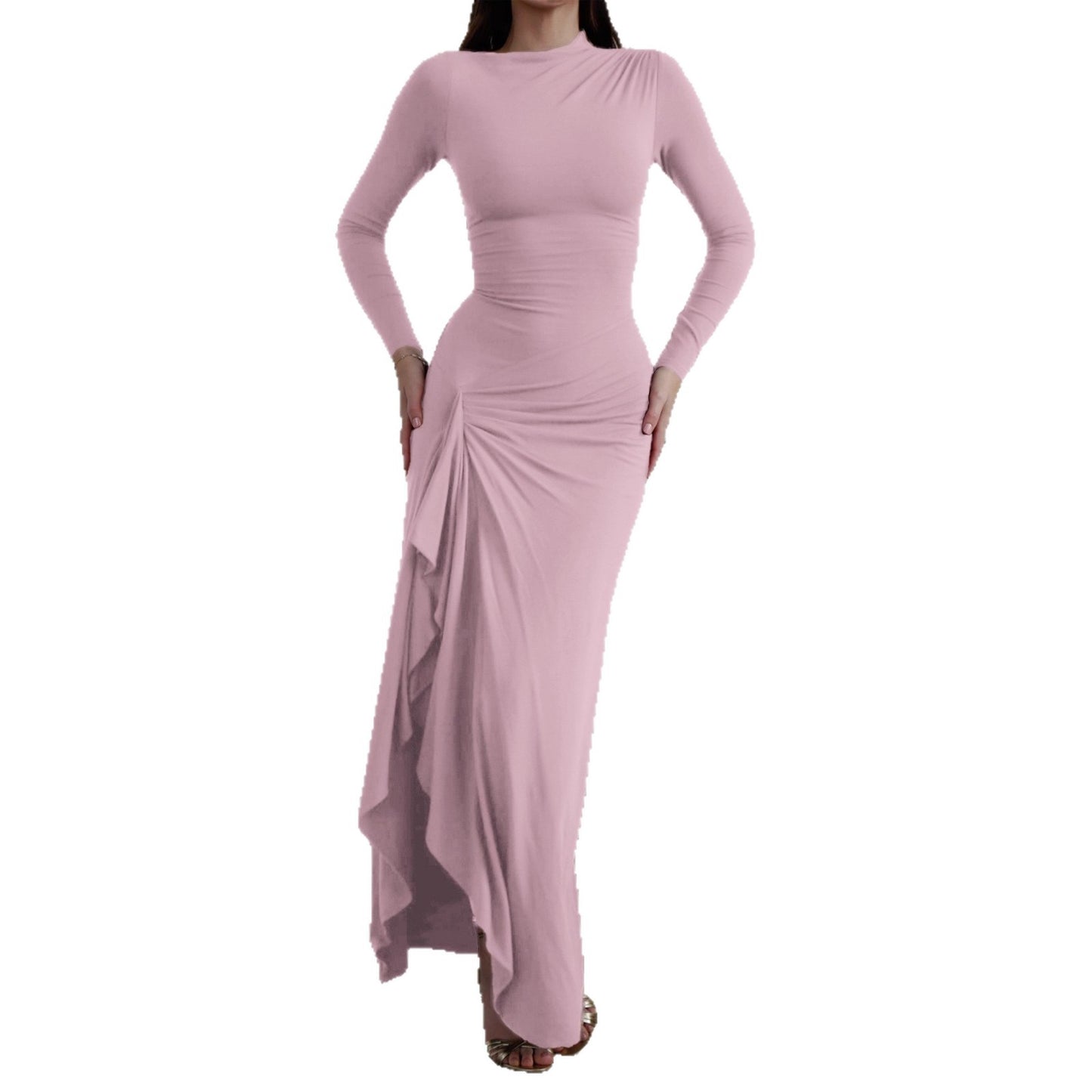 Fashion Design Solid Color Round Neck Irregular Dress