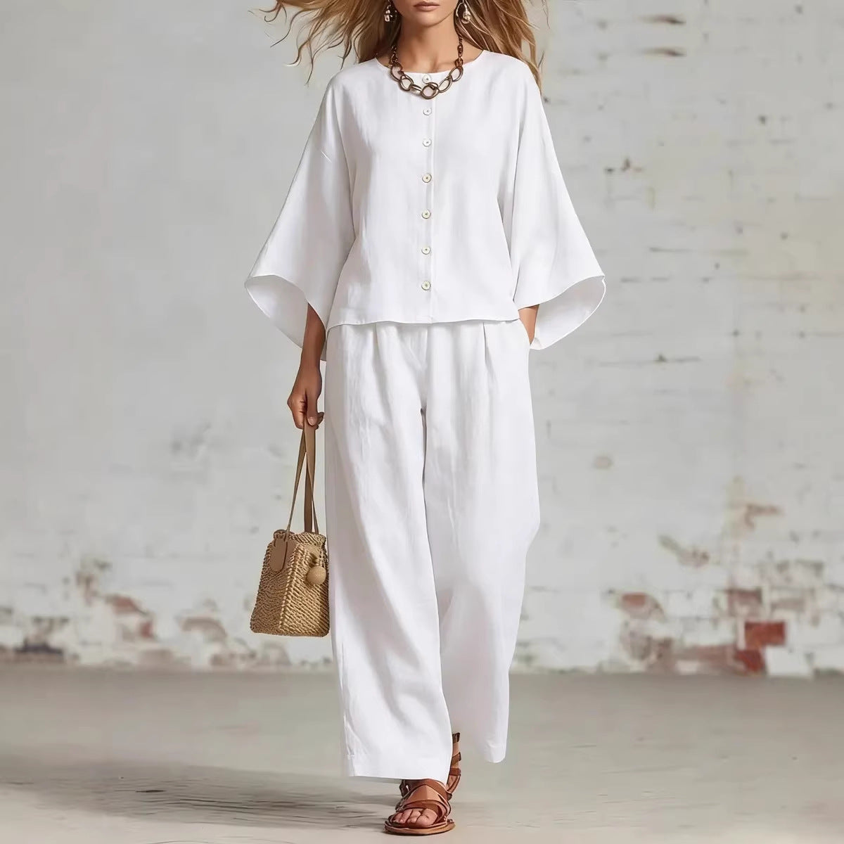 Popular Women's Cotton Linen Wide Leg Fashion Casual Suit
