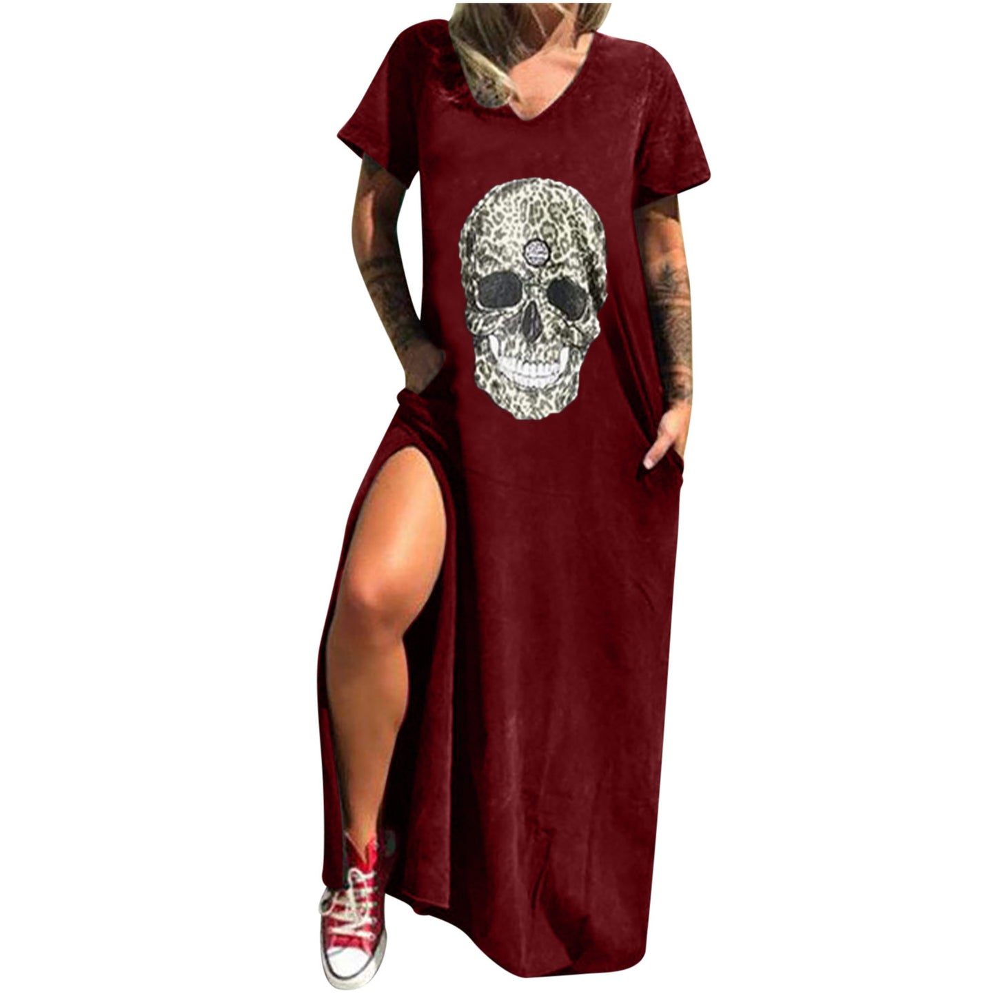 Skull Print Street Fashion Sleeve Slit Shorts