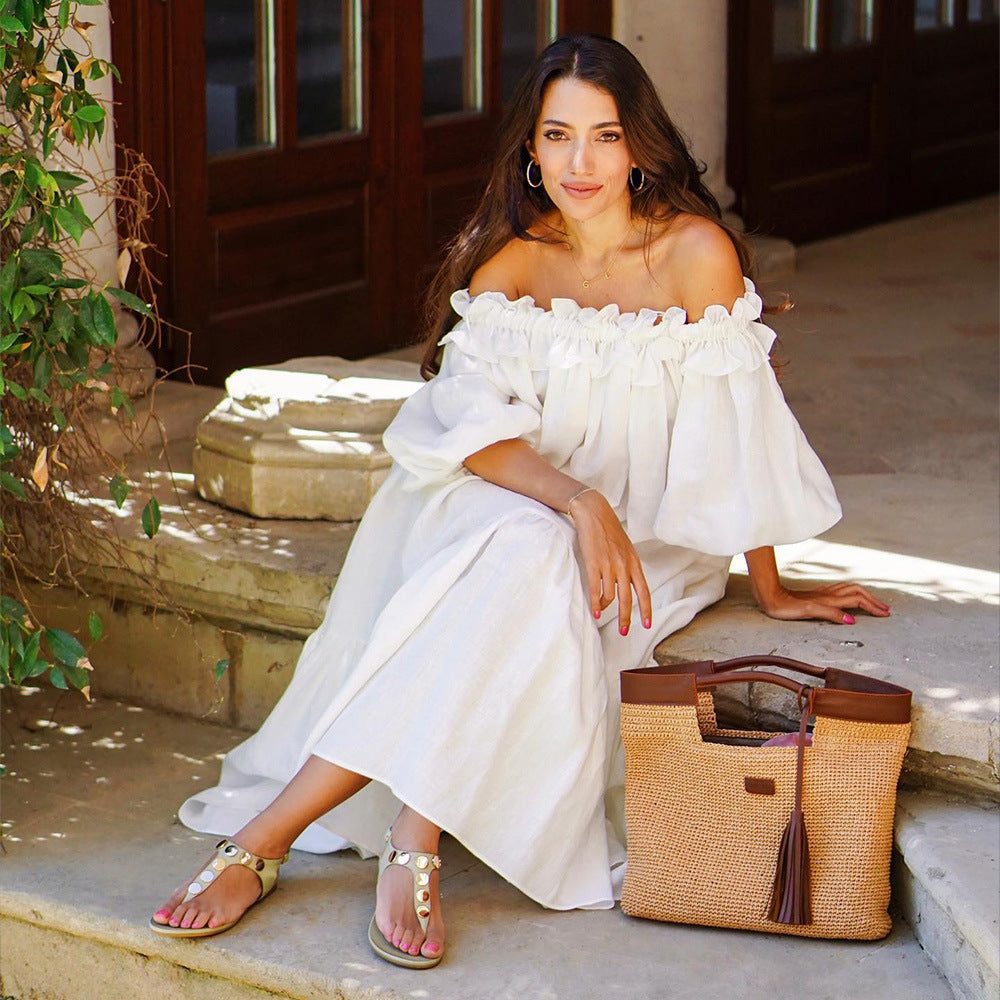 Women's Puff Sleeve Solid Color Lace Vacation Dresses