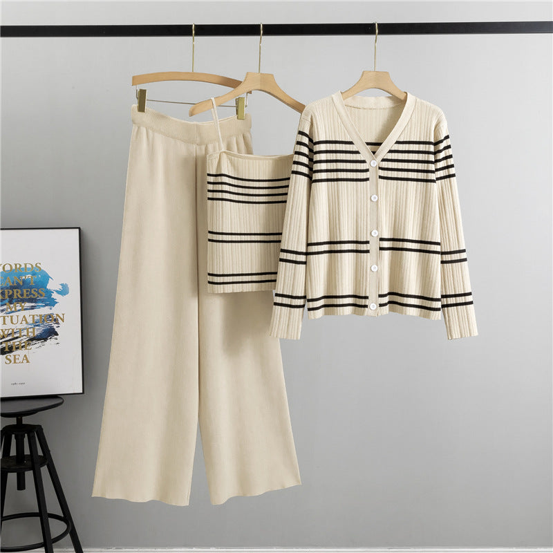 Women's Korean Striped Knitted Sling Fashionable Three-piece Fashion Casual Suit