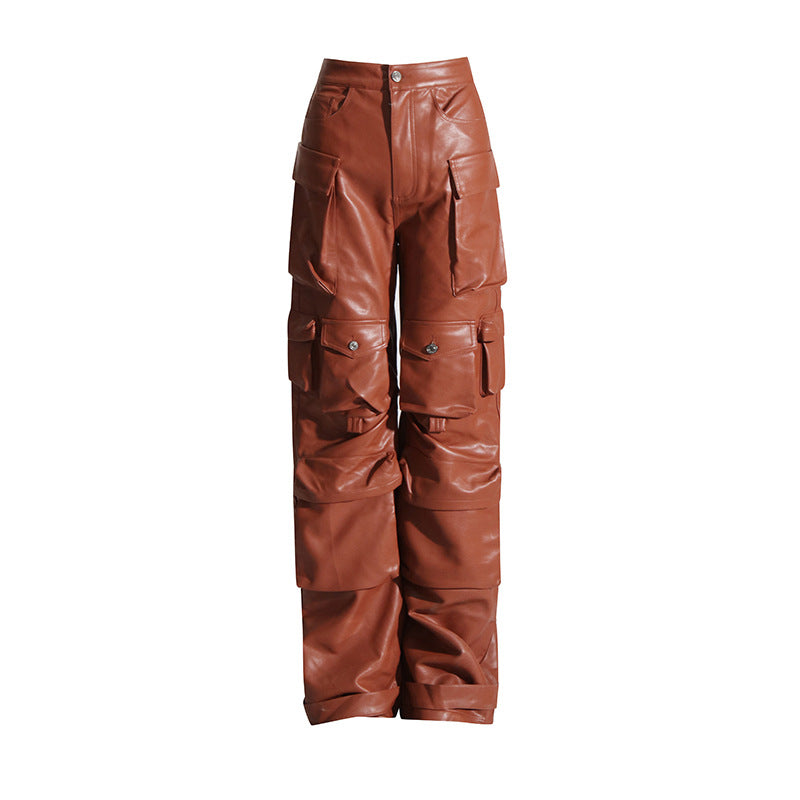 Women's Autumn Personality Stitching Loose Leather Casual Pants