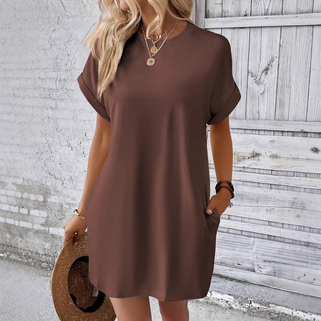 Women's Short-sleeved Solid Color Round Neck With Pockets Dress