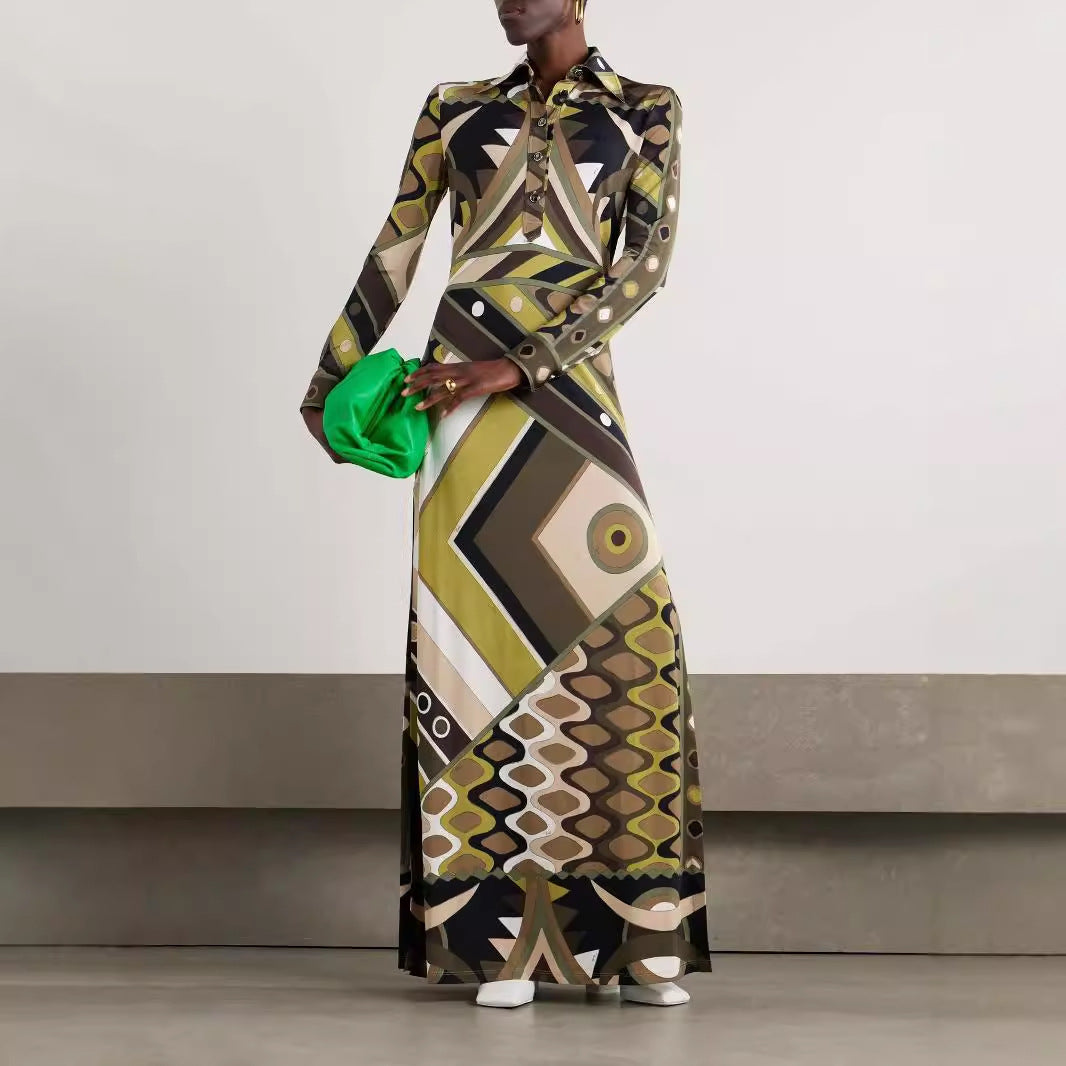 Women's Printed Positioning Lapel Long Sleeve Split Dresses