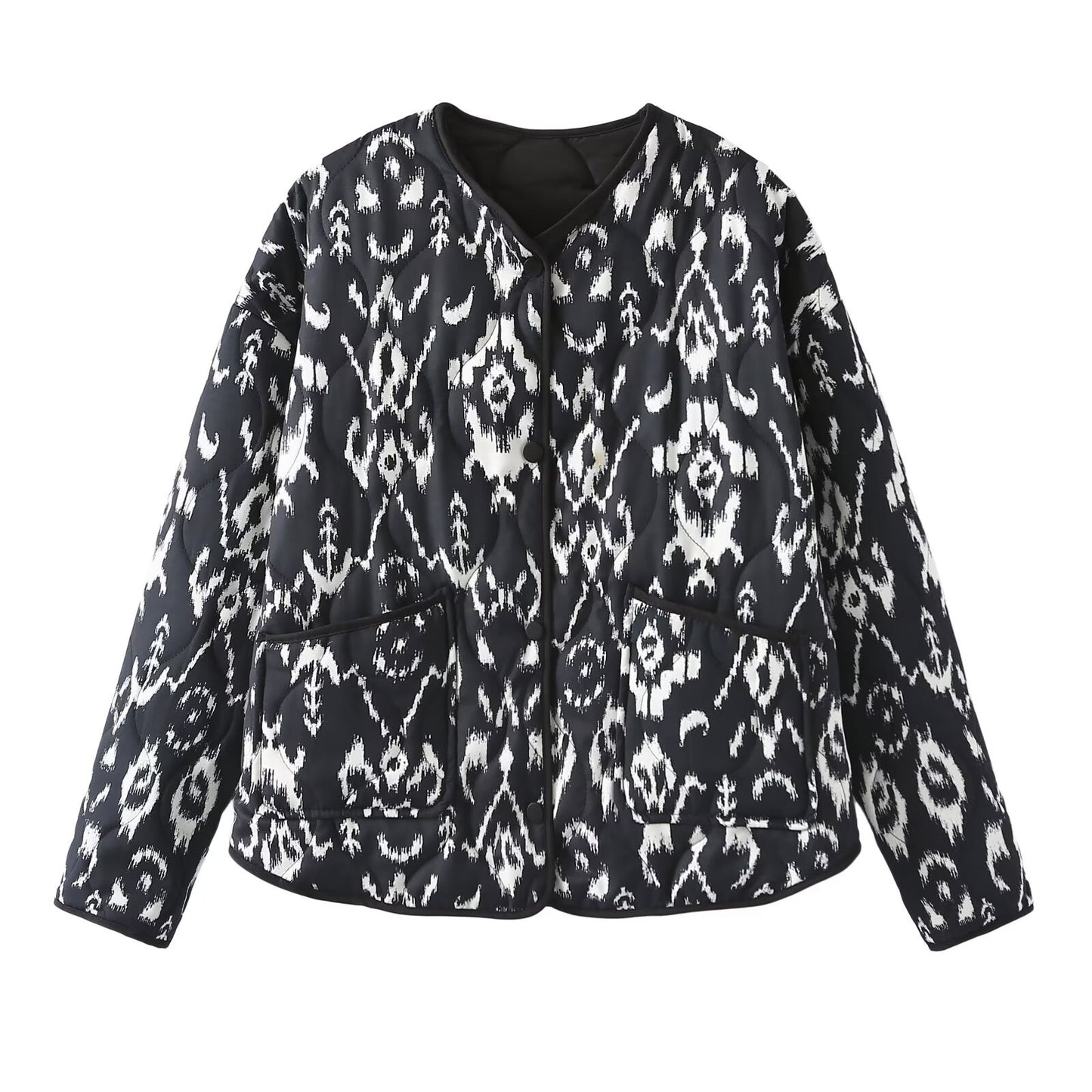 Women's Retro Collarless Pocket Printed Quilted Loose Coats