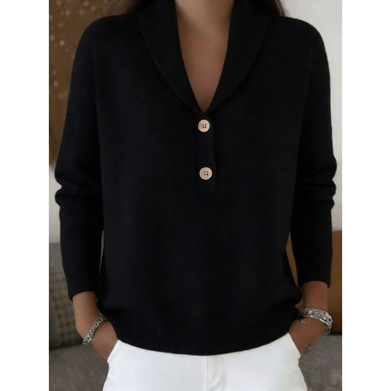 Women's Button Solid Color Collar Casual Fashion Sweater