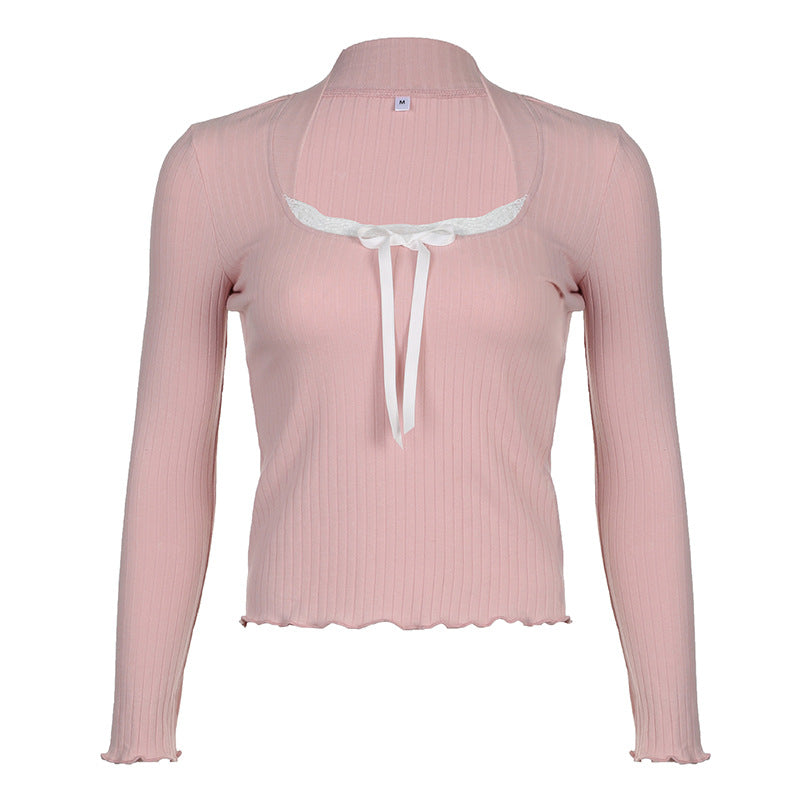 Gentle Sweet Style Lace Stitching Bow Blouses