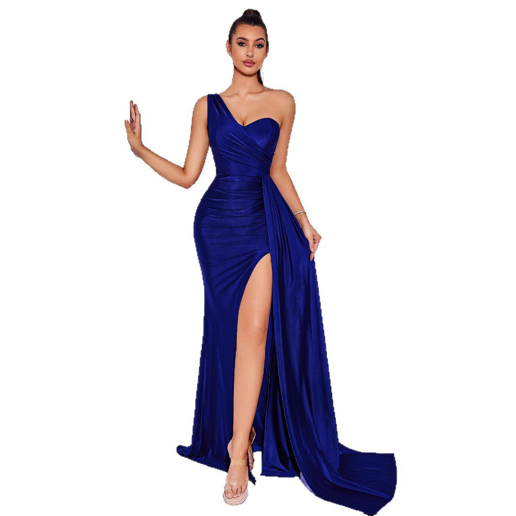 Diagonal Collar Slim Sexy Slit Ribbon Long Dress