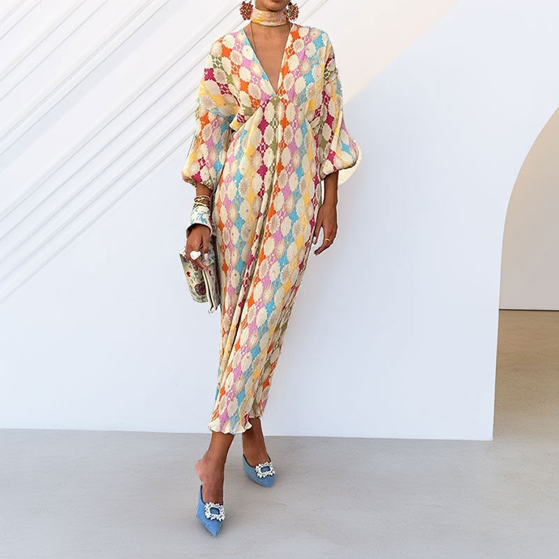 Women's Color Contrast Printed Long Dress Elegant Dresses