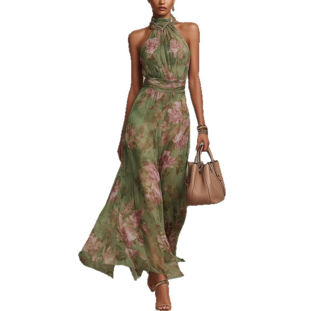 Women's Chiffon Slimming Halter Sleeveless Vacation Style Dress