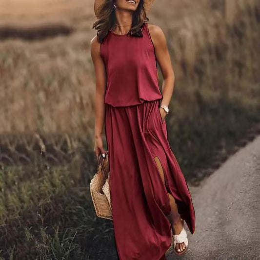 Style Solid Color Round Neck Sleeveless Dresses