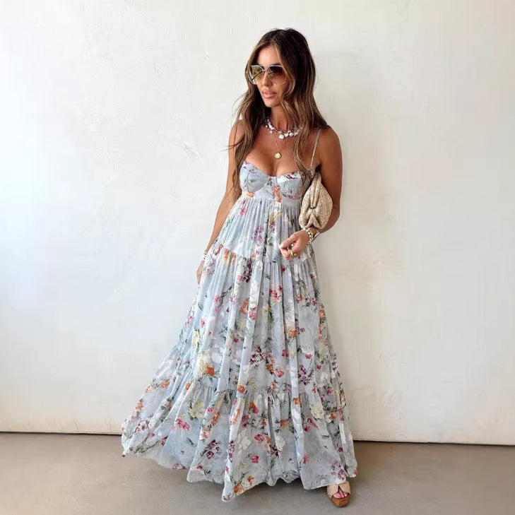 Women's Summer Printed Sleeveless Backless Elegant Slip Dress