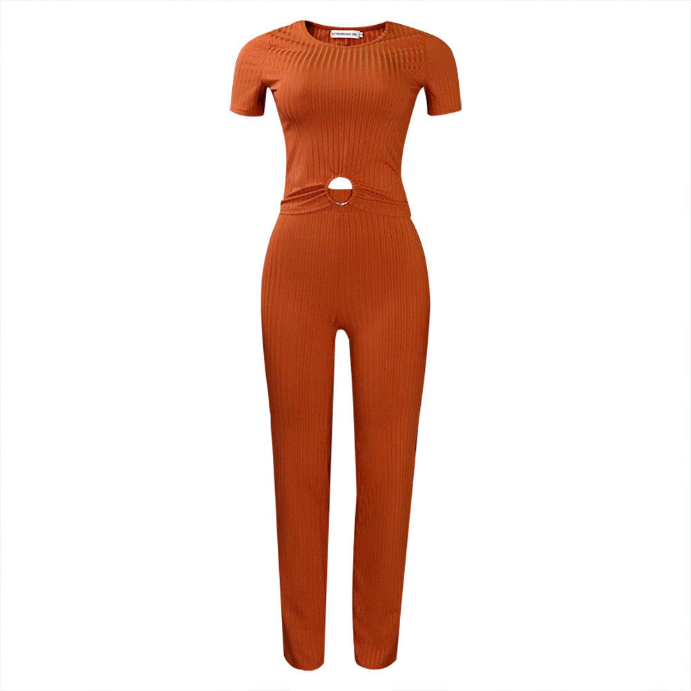 Summer Solid Color Rib Fabric Set Fashion Casual Suit