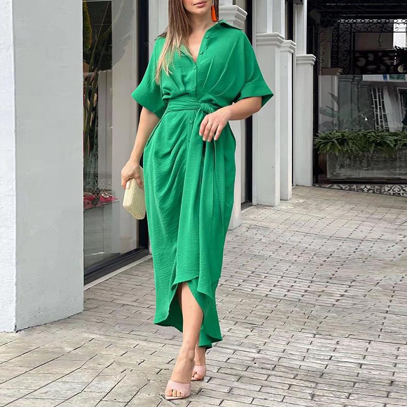 Women's Summer Fashion Polo Collar Mid-length Sleeve Single-breasted High Waist Dresses