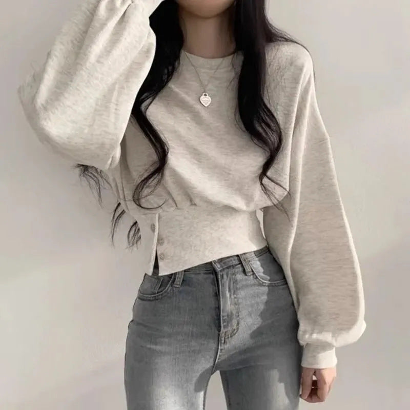 Women's Korean Round Neck Buckle Waist Slimming Women's Sweater, Sweater