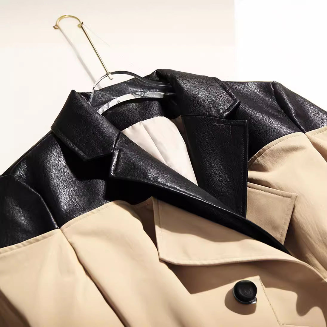 Women's Style Temperament Leather Patchwork Contrast Color Windbreaker Design Coats