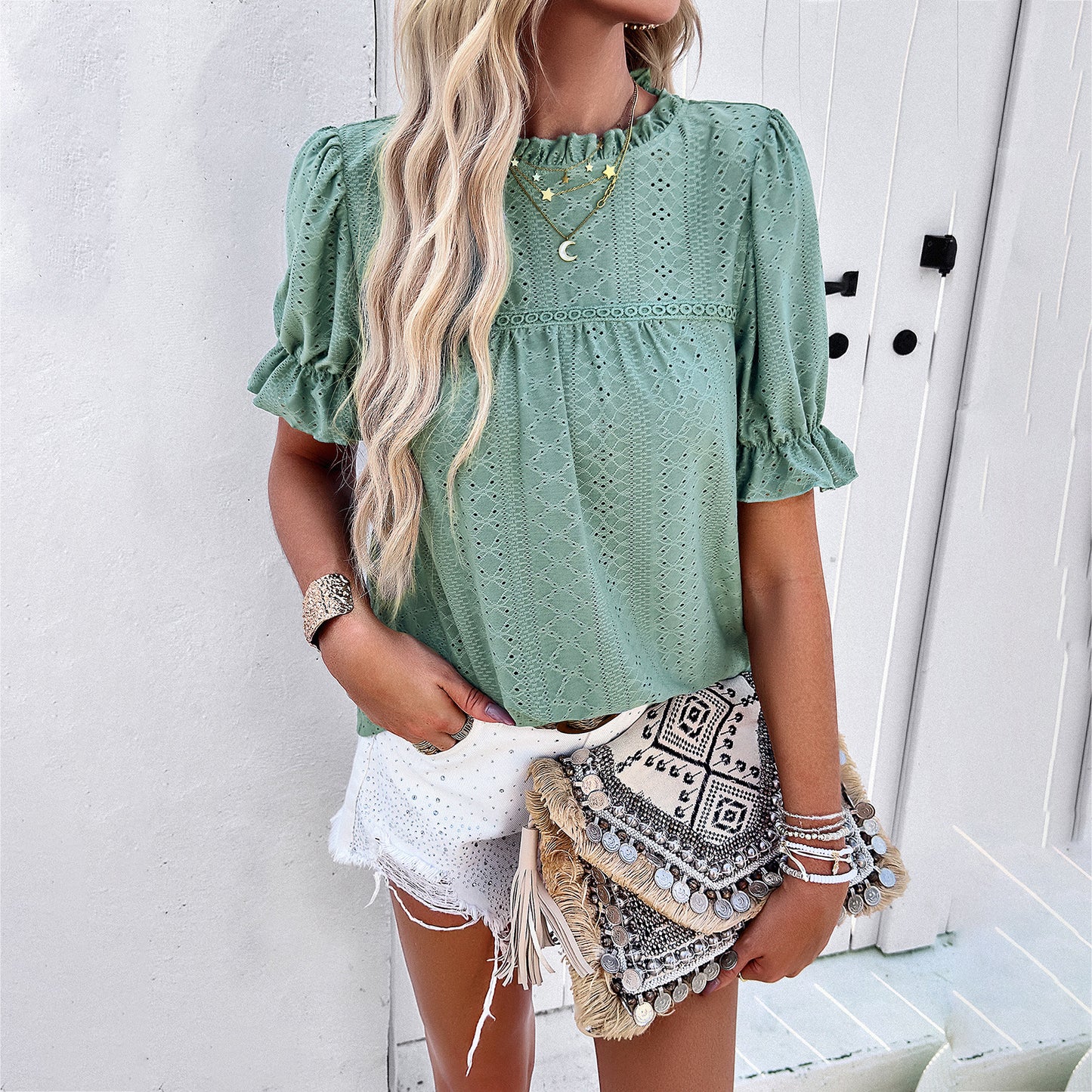 Women's T-shirt Casual Solid Color Sleeve Hollow Blouses