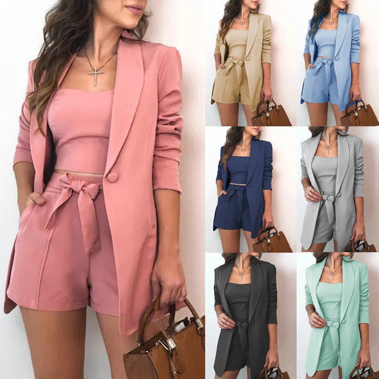 Women's Solid Color Temperament High Waist Three-piece Jackets