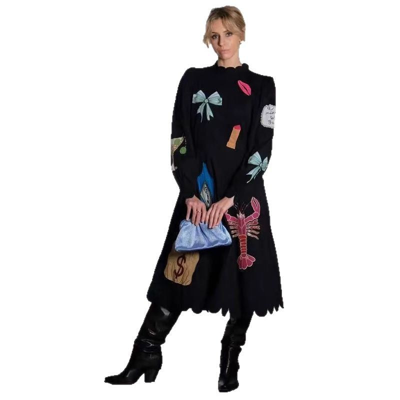 Women's Summer Fashion Wear Crayfish Print Long-sleeved Dresses