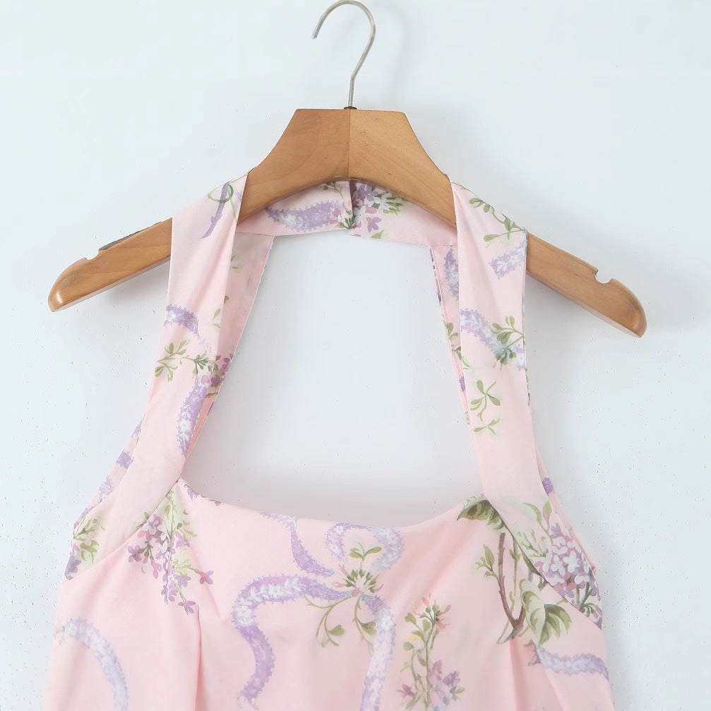 Women's Fashionable Lightweight Pink Printing Chiffon Split Dresses