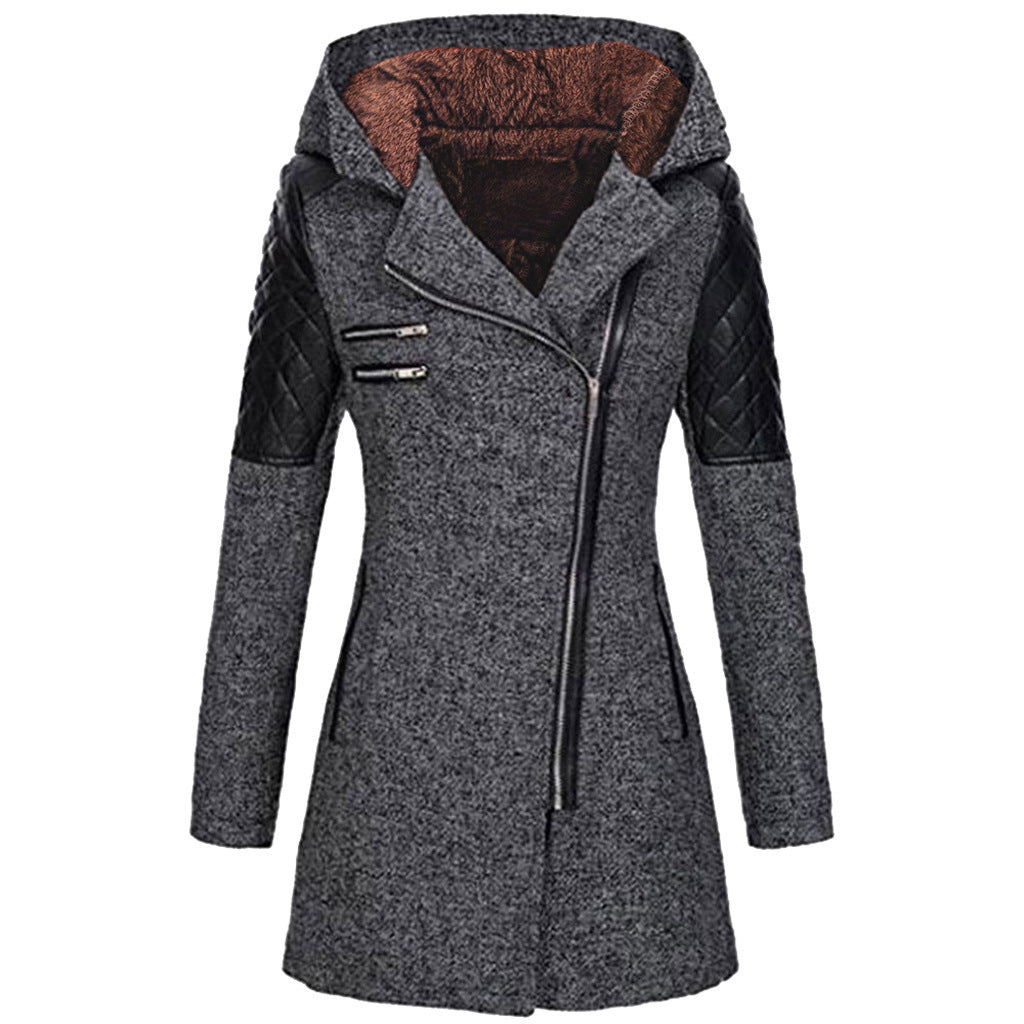 Women's Zipper Hooded Woolen Trench Mid-length Thick Coats