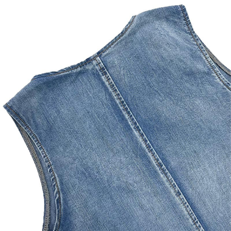 Women's Blue Washed Loose Slim Fit Casual Wild Vests