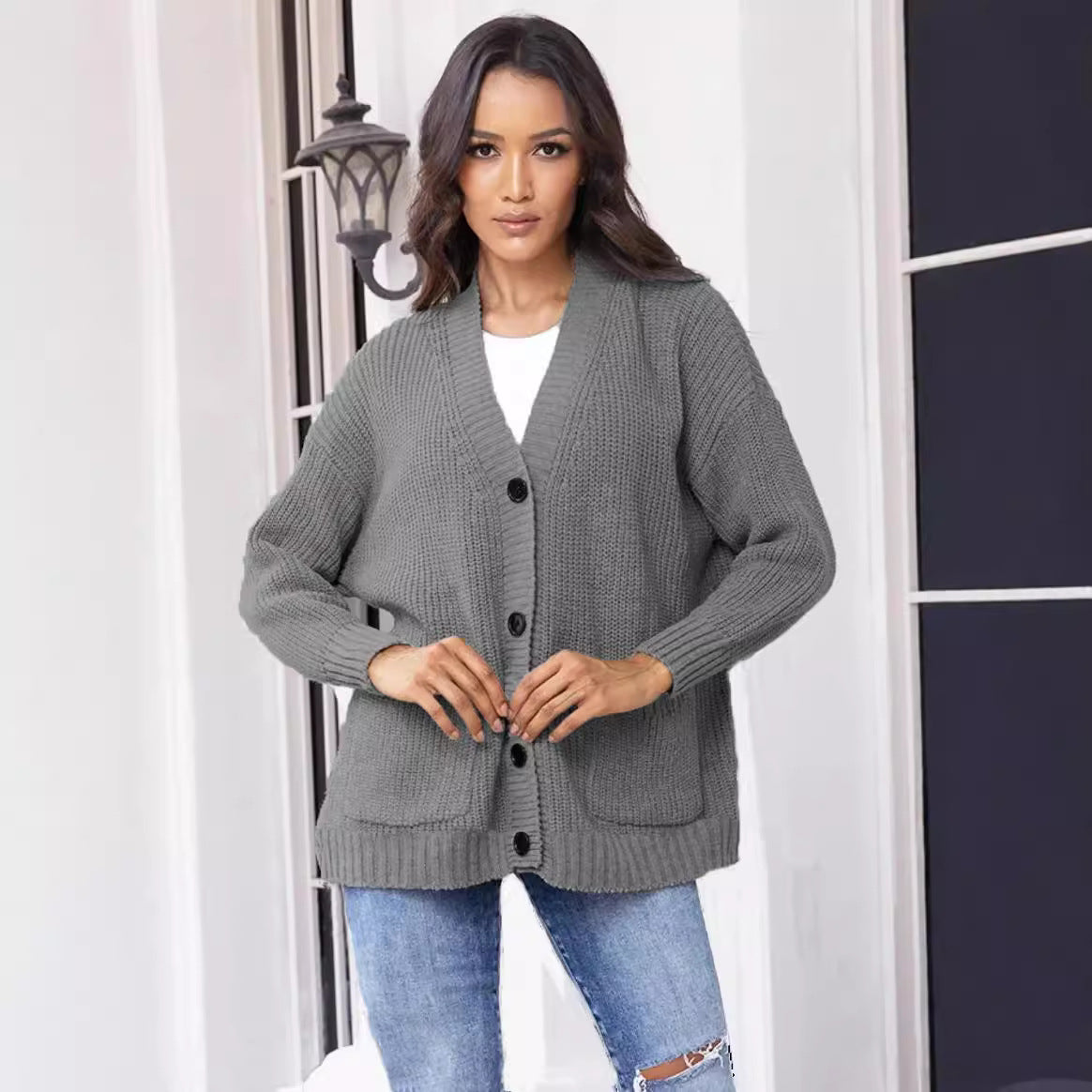 Women's Solid Color Loose Single-breasted Pocket Tops