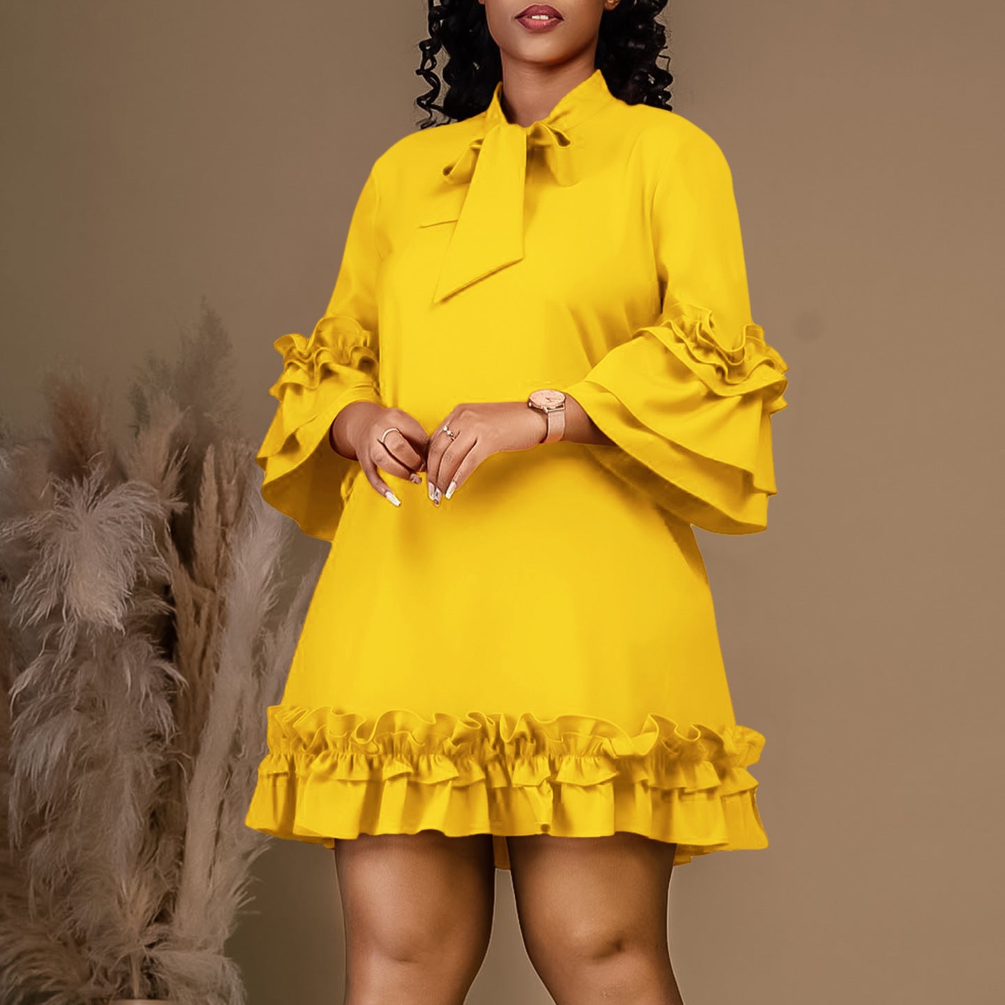 Women's Loose Casual Ruffle Sleeve Solid Color Dress