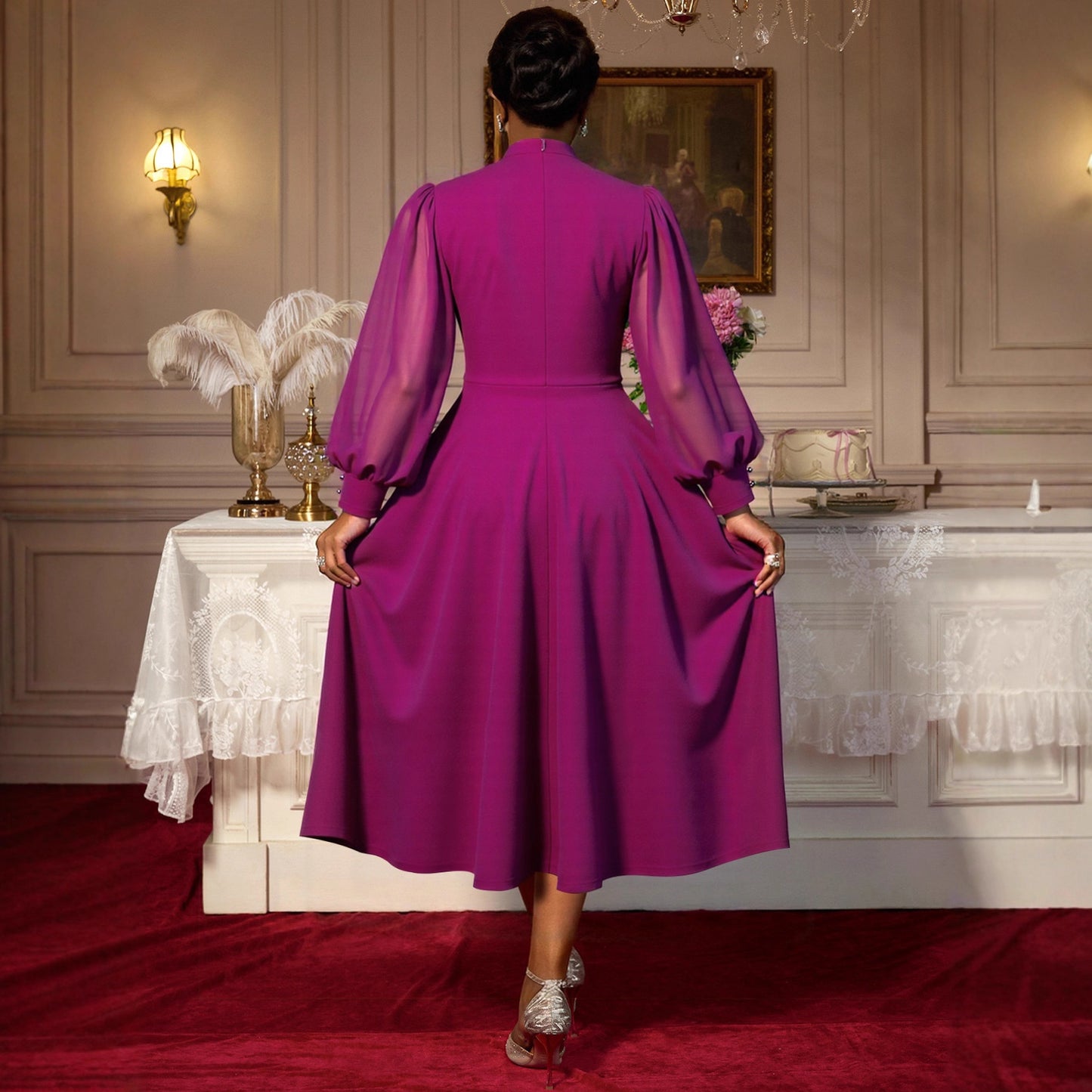 Women's Large Elegant Purple Midi Dress High Collar Dresses