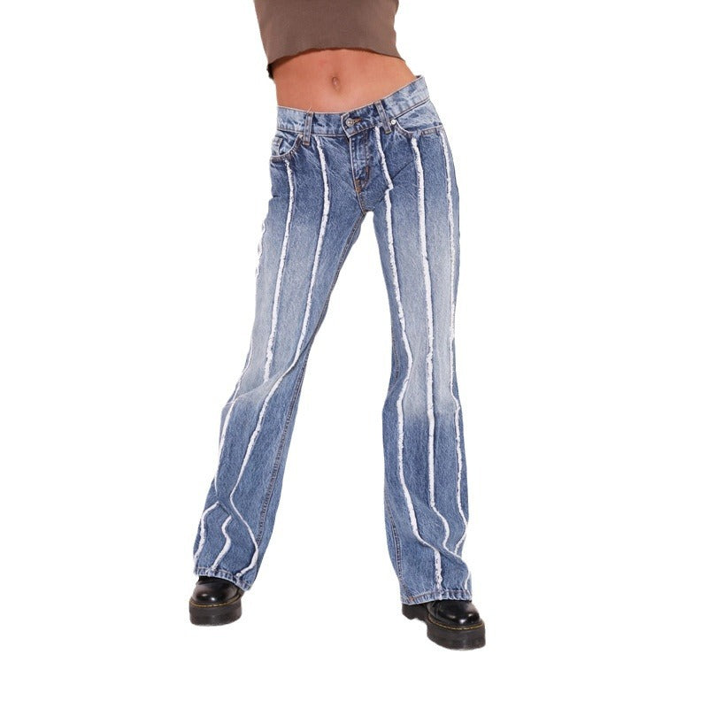 Women's Fashion Straight Stretch Washed Tassel Denim Jeans