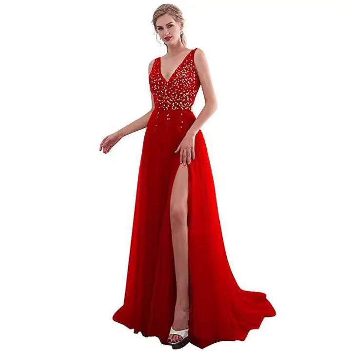 Women's Dress Deep Sleeveless Split Sequined Banquet Dresses