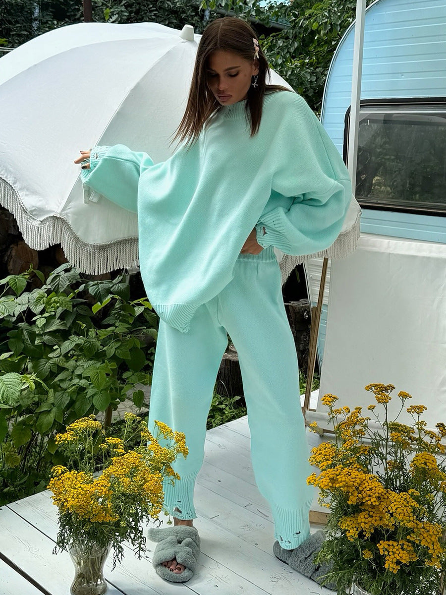 Ripped Female Knitted Ankle Tight Round Suits