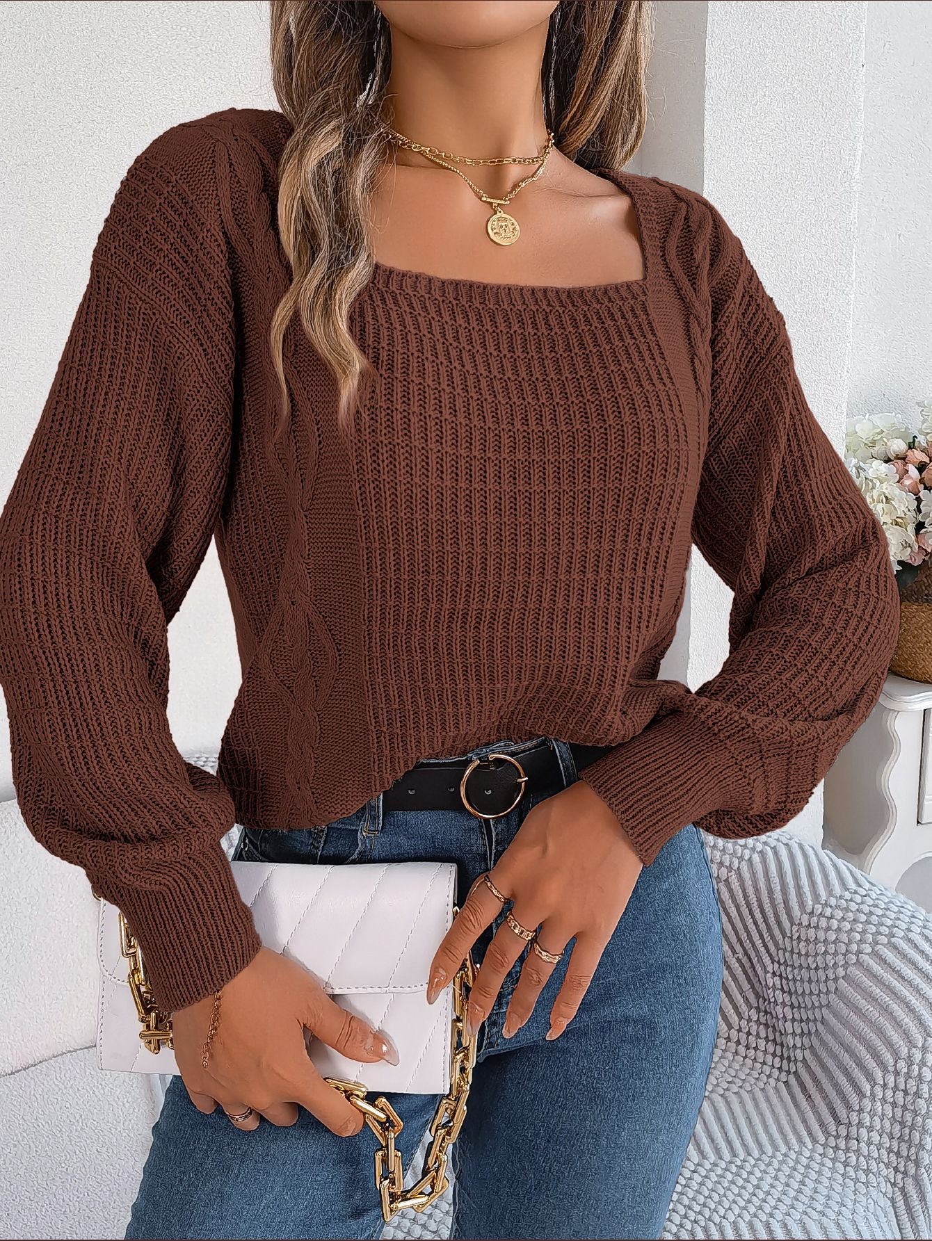 Clearance Casual Solid Color Square Collar Twist Lantern Sleeve Sweaters