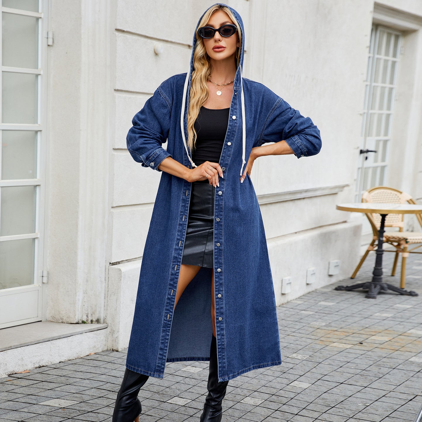 Women's Washed Hooded Long Denim Trench Jackets