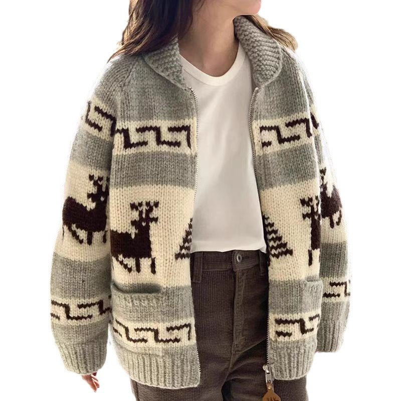 Women's Christmas Temperament Lapel Double Open Zipper Pattern Jacquard Sweater