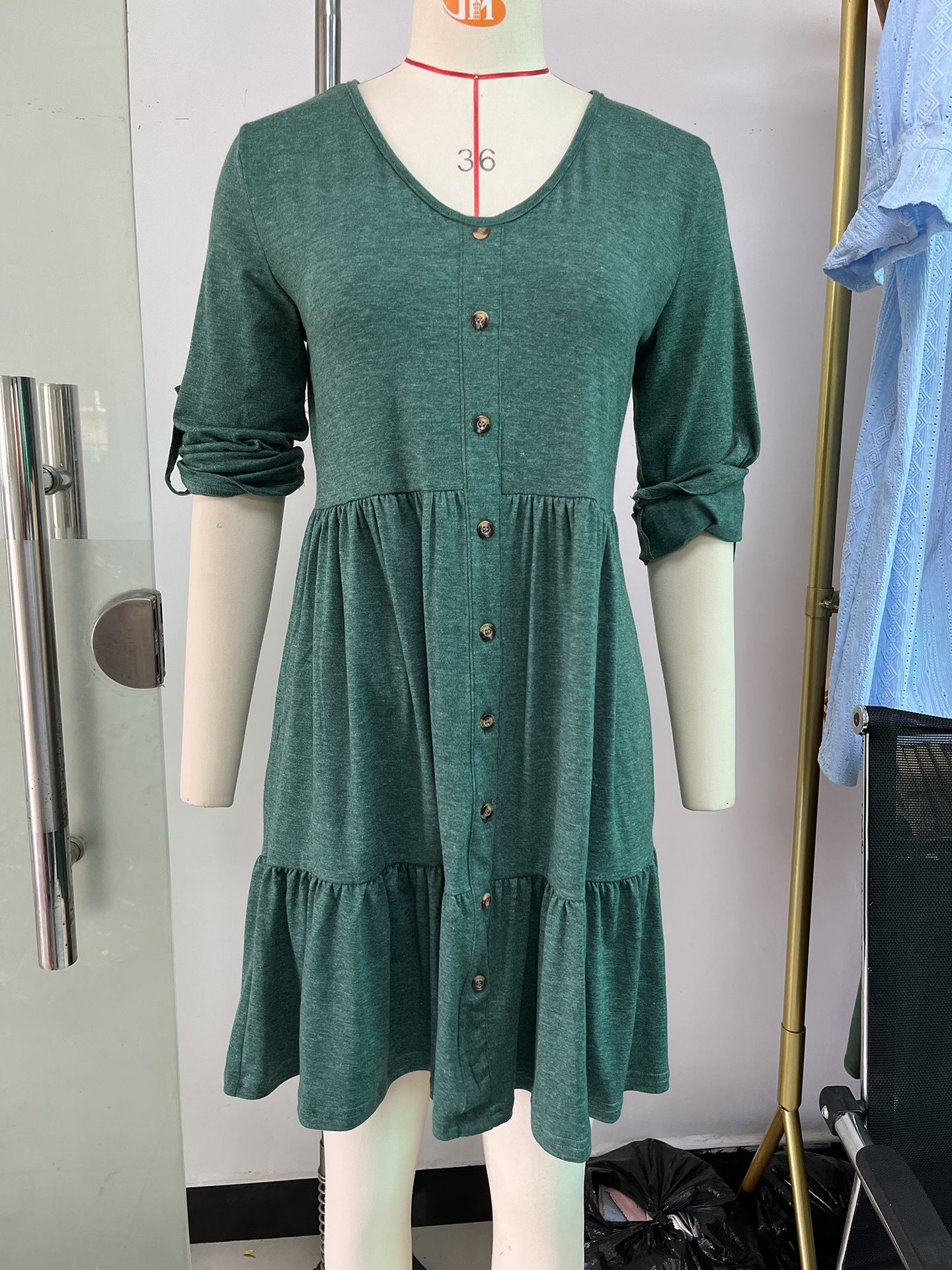 Solid Color Round Neck Button Pleated Dress