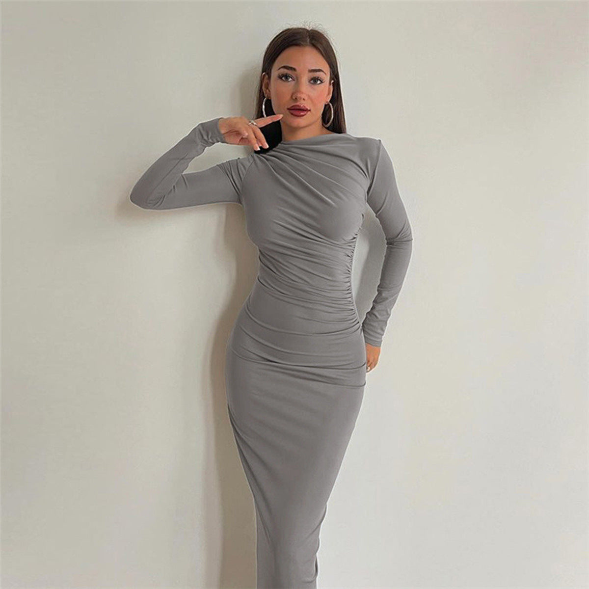 Women's Neck Long Sleeve Sheath Solid Color Dress